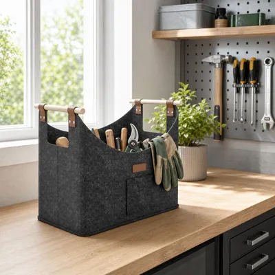 Obrázok produktu pre YARDIN, tmavosivý, skladací kôš na drevo, 6 kusov, vyrobený z netkanej textílie s drevenými rúčkami, nosnosť do 40 kg, rozmer 50x32x40 cm, univerzálna taška na skladovanie dreva do krbu