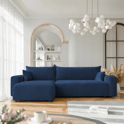 Produktbild von Ecksofa XL Castelo Poso 05 Kobaltblau Cord mit Schlaffunktion und Bettkasten