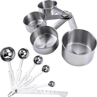 Produktbild von 10 teiliges Messbecher und Löffel Set, Edelstahl Messbecher und Löffel mit Meßlineal, Küche Umrechnungstabelle Set für Trockene und Flüssige Zutaten