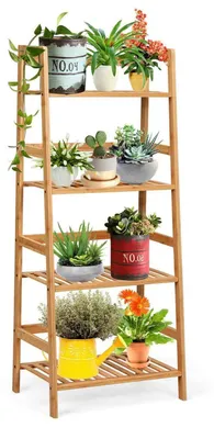 Produktbild von Standregal Bambus mit 4 Ablagen, Leiterregal, Bücherregal, Pflanzenregal, Aufbewahrungsregal, 48x32x115 cm, Natur