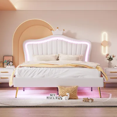 Image de okwish Lit enfant 140 x 200 cm en simili cuir blanc, tête de lit en forme de couronne avec LED, sommier à lattes inclus (sans matelas)