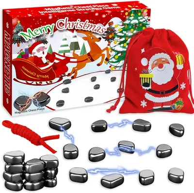 A Christmas-themed magnetic chess set with magnetic stones, a drawstring bag with Santa Claus, and a box with a Christmas scene.