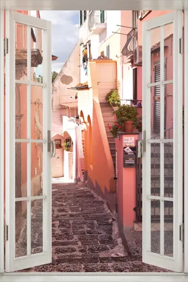 Produktbild von Wallario Poster mit Fenster-Illusion: Südländische Gasse- Italien bei Sonnenschein, Größe: 100 x 150 cm
