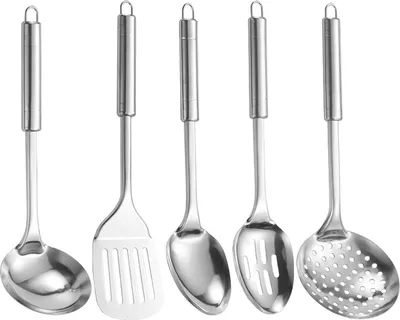 Produktbild von 5-teiliges Küchenutensilien-Set aus Edelstahl, hitzebeständig, antihaftbeschichtet, Löffel, Spatel mit Aufhängeloch, ergonomischer Griff, Kochutensilien