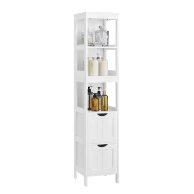 Obrázek produktu pro Vysoká koupelnová skříňka VASAGLE, úzká koupelnová skříňka, 2 zásuvky, 3 otevřené přihrádky, 30 x 30 x 141,5 cm, bílá