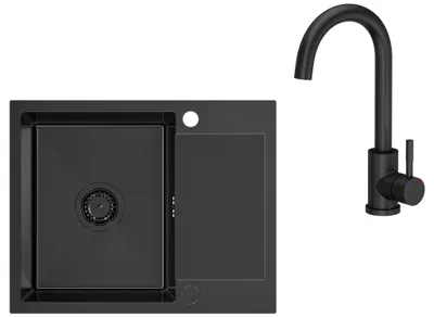 Obrázek produktu pro VBChome Nerezový dřez s baterií 60 x 48 cm Černý vestavný dřez se dvěma otvory Velký dřez s odkapávačem Sifonová kuchyňská baterie