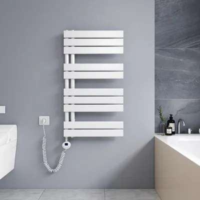 Produktbild von Heilmetz Handtuchtrockner Elektrisch Weiß Badheizkörper 899 x 500mm Heizkörper Asymmetrie Design Handtuchwärmer - Montage links