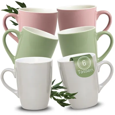Produktbild von Kaffeetassen 6er Set aus Keramik 340ml, Teetassen schöne Farben