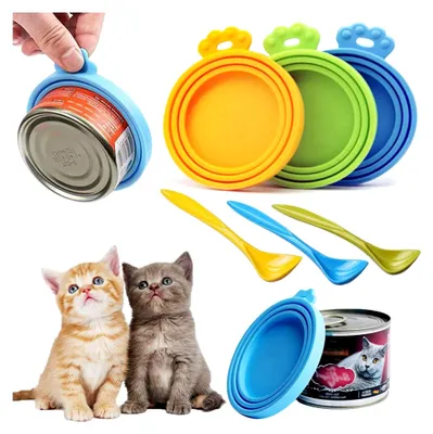 Produktbild von Silikondeckel für Tierfutterdosen, universell einsetzbar, mit Löffel 3+3
