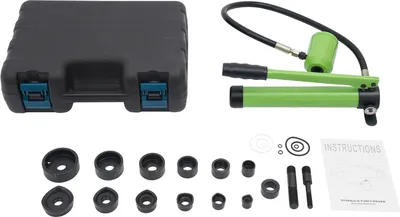 Obrázok produktu pre Hydraulická dierovacia sada – ručná pumpa – 80 kN – 6 matíc 1,27–5,08 cm – zdvih 25 mm – otvor 22,5–61,5 mm – plech do 3,2 mm – zelená