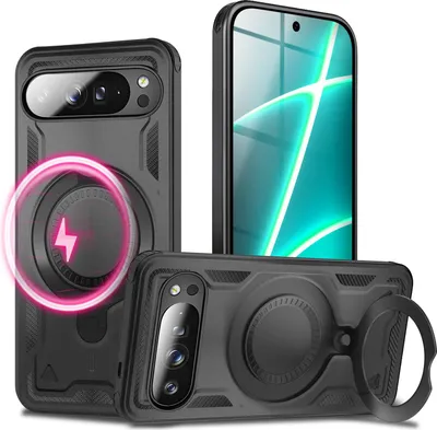 A black phone case with a magnetic ring and a phone are displayed against a white background.