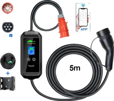 Obrázek produktu pro 11kW nabíječka pro elektromobily, 3fázový přenosný nabíjecí kabel s ovládáním přes WiFi aplikaci, LED monitorování, TYP 2 5M APP