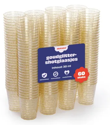60 Plastik-Shotgläser mit Goldglitzer, 30 ml, wiederverwendbar
