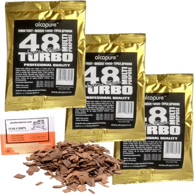 Produktbild von 3 x Hefe für Fusel - Turbo48 Extra Pure + Oak Chips, Turbohefe, Wodkahefe, Hefe für Maische