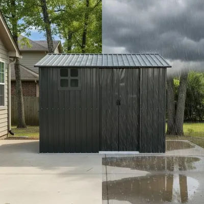 Productafbeelding van Verzinkte tuinhuizen van staal, afmetingen 244x171 cm (4,17 m²), weerbestendig, roestvrij, met schuifdeur, raam, ventilatie, zwart
