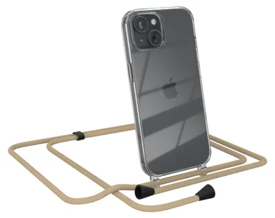 A clear iPhone case with a tan lanyard is shown against a white background.
