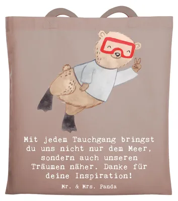 Produktbild von Mr. & Mrs. Panda Tote Bag Tauch Trainerin - Braun Pastell - Geschenk, Tauchabenteuer, Schultasche, Tauchlehrer, Sportart, Jutebeutel, Tasche, dokumententasche, Taucher