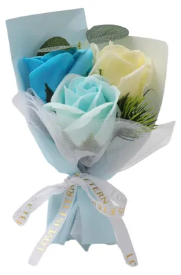 Produktbild von Künstliche Seifenblume in Rosen- und Sonnenblumenform, umweltfreundlich, handgefertigt, aus natürlichen Inhaltsstoffen, mit ätherischen Ölen und beruhigendem Duft.