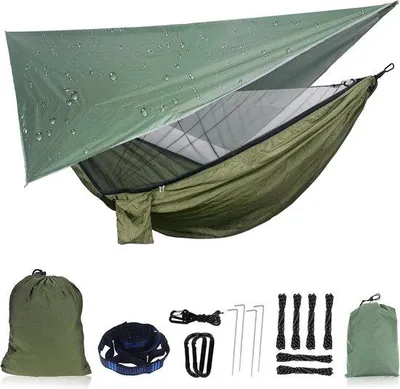 Produktbild von Schwarze Hängematte mit Klammern und Regenschutz für Outdoor