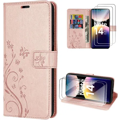 Image de Coque + 2 Verres Trempés pour Xiaomi Redmi Note 14 Pro 5G, Protection Effet Cuir Rose Motif Plante Papillon