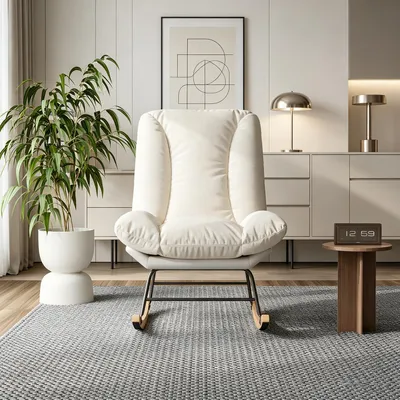 Image de Fauteuil à bascule INONEFT, fauteuil relax avec dossier réglable, fauteuil d'accent, inclinaison réglable en 12 positions, couleur beige, tissu lin et tissu technique