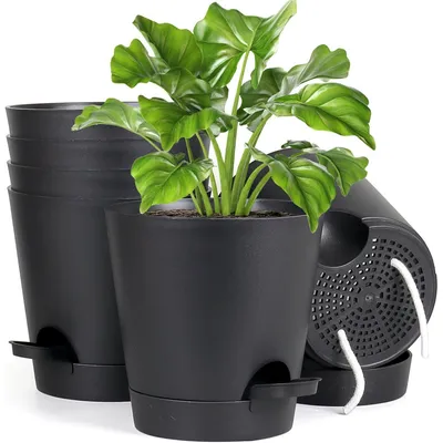 Productafbeelding van Zelfwaterende bloempotten, set van 6, 15,2 cm, zwart, met irrigatiesysteem