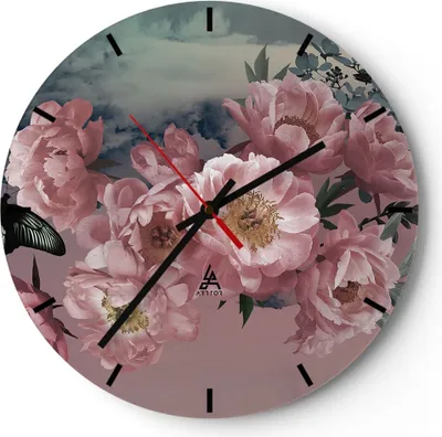 Produktbild von Wanduhr - Rund - Glasuhr - Blumen Schmetterling Wolken - 40x40cm - Schleichendes Uhrwerk - Lautlos - zum Aufhängen bereit - Dekoration Modern - Wanddekoration aus Glas - C3AR40x40-4881
