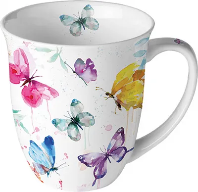 Produktbild von Tasse 10cm Porzellan mit Aquarell Schmetterlinge Motiv Weiß / Bunt