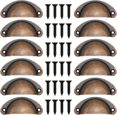 Produktbild von Set aus 12 Vintage-Halbkreisgriffen in Rotkupferfarbe mit Schrauben