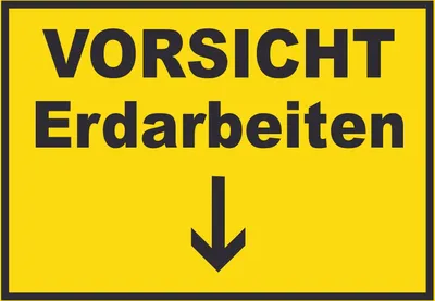 Produktbild von Vorsicht Erdarbeiten mit Richtungspfeil unten Schild A1 Rückseite selbstklebend