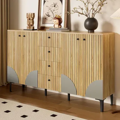 Immagine prodotto di Armadio in legno con 4 ante e 4 cassetti, mobile contenitore multifunzione, dimensioni 160x36x94 cm, finitura in legno