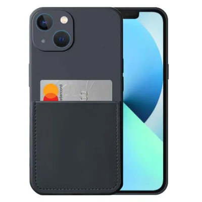 A smartphone with a case that has a card holder.