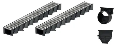 Produktbild von 2x1m ACO Hexaline 2.0 Entwässerungsrinne mit Edelstahl Längsstab Stegrost Ablauf horizontal Bodenrinne Terrassenrinne