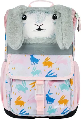 A front view of a child's backpack with a bunny design.