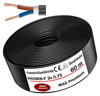 Imagen del producto de Cable de goma de 60 metros, cable para obras, tipo H05RN-F, 2x0,75, flexible, para equipos