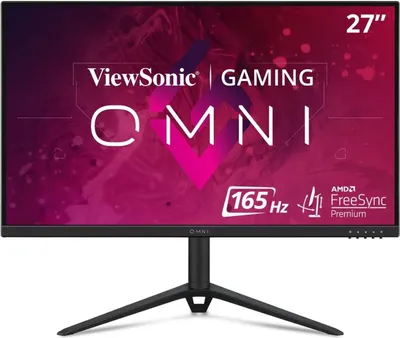 A marketing image for a ViewSonic OMNI gaming monitor, showcasing its features and specifications.