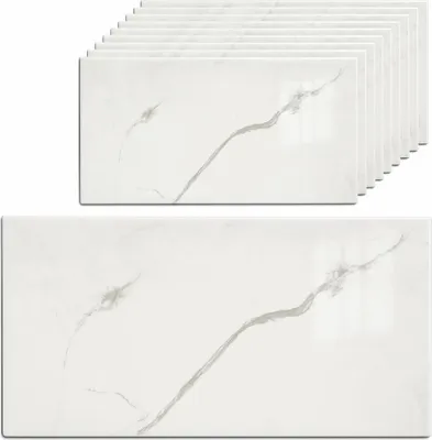 A stack of white marble-look wall panels and one panel shown individually.