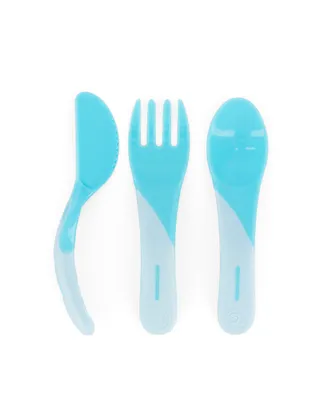 Produktbild von Twistshake Esslern-Besteck für Kinder – Messer, Gabel und Löffel in Blau für einfache Handhabung