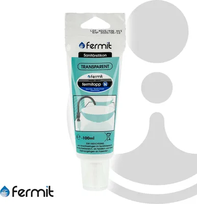 A tube of transparent silicone sealant for sanitary applications.