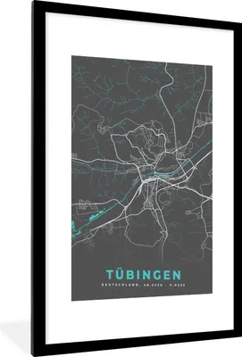 Produktbild von MuchoWow® Gerahmtes Poster Stadtplan - Deutschlandkarte - Blau - Tübingen - Karte 60x90 cm - Poster mit Schwarzem Bilderrahmen Wandposter Rahmen Foto Bilder - Dekoration - Wandposter Wohnzimmer - Hochwertig