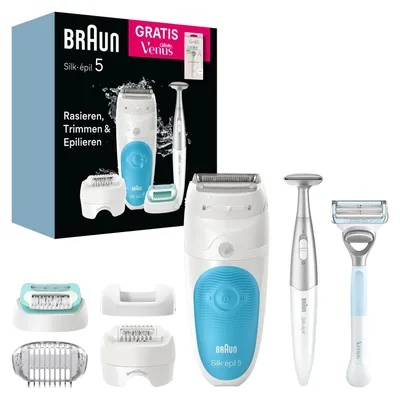 Produktbild von Braun Silk-épil 5 810 +Gillette Venus Trimmer, Blau, Weiß, 28 Pinzette, MicroGrip, Depilation, Rasieren, Box, 184 mm