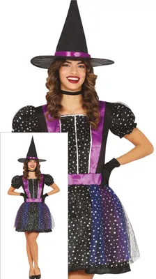 Produktbild von Hexe Halloween Nacht Sternenzauber Kostüm Mit Hut Kleid Dunkel Lila Akzente Mystische Verkleidung Für Erwachsene Magischer Auftritt Zauberer Hexenfestival Gruselfest, Größe: 38 - 40 (M) Farbe: Schwarz