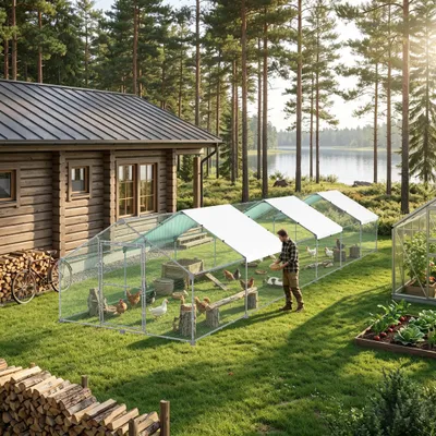 Produktbild von YZNAHRE Hühnerstall 3x12x2m Freilaufgehege Metall 36m² Geflügelkäfige mit Sonnenschutz Dach Tür & Riegel Freigehege Geflügelställe für Kleintiere