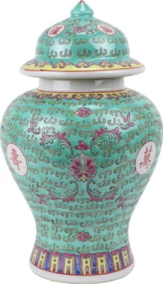 Produktbild von Fine Asianliving Chinesische Vase mit Deckel Grünes Porzellan Wan Shou Wu Jiang Langlebigkeit D20xH35cm Dekorative Vase Blumenvase Orientalische Keramik Vase Dekoration Vase Moderne Tischdekoration Vase
