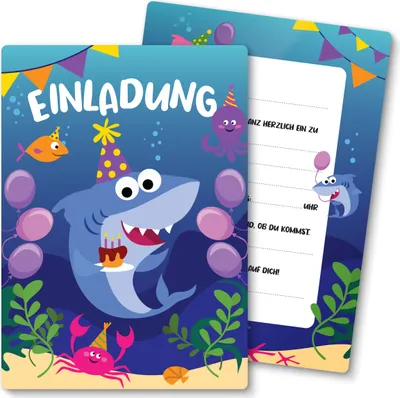 Produktbild von Friendly Fox Baby Shark Einladungskarten Geburtstag, 12 Einladungen zum Kindergeburtstag kleiner Hai Unterwasserwelt Meerestiere