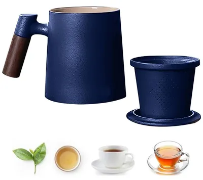 Produktbild von Keramiktasse mit Deckel und Sieb 400ml Blau Holzgriff für losen Tee