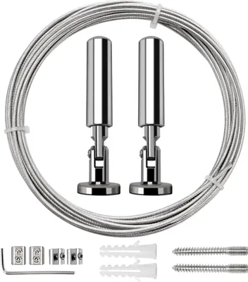 A set of wire hanging hardware, including a coiled steel cable, two adjustable hangers, and various mounting accessories, displayed against a white background.