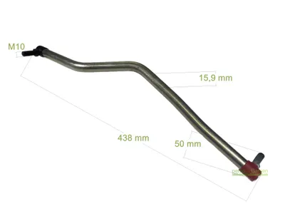 A metal rod with connectors on each end, with dimensions indicated by text overlays.