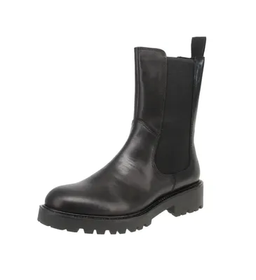 A black leather Chelsea boot with a thick sole is shown against a white background.