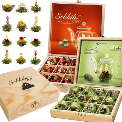 Produktbild von Creano 2er-Set Holzteekisten mit jeweils 12x Weißen und 12x Grünen ErblühTee